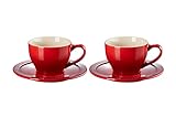 Le Creuset Stoneware Set of 2 Cappuccino Cups and Saucers , 7 oz. each, Cerise