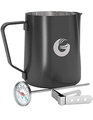 Coffee Gator Milk Frothing Pitcher - Coated Stainless Steel Milk Steamer Jug with Thermometer and...
