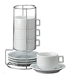 HIC 9-Piece Stackable Cappuccino Coffee Tea Set, Fine White Porcelain, Set Includes 4 (7-Ounce) Cups...