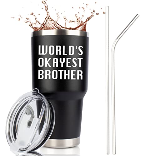 JENVIO Best Brother Gifts | Large 30oz Worlds Okayest Brother Steel Tumbler/Mug with Lid for...