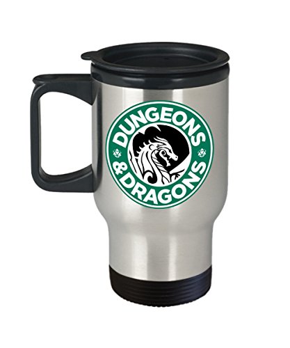 Dungeons and Dragons Coffee Logo Parody Metallic Travel Coffee Mug - Funny Gift Idea for Geeks and...