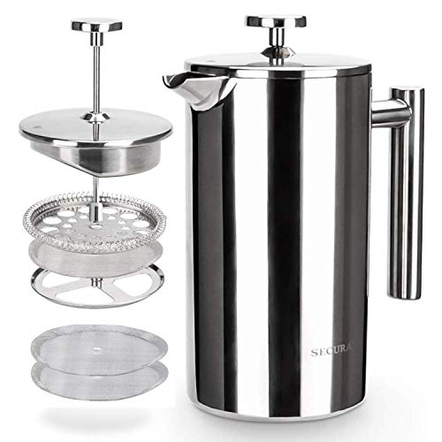 Secura French Press Coffee Maker, 304 Grade Stainless Steel Insulated Coffee Press with 2 Extra...