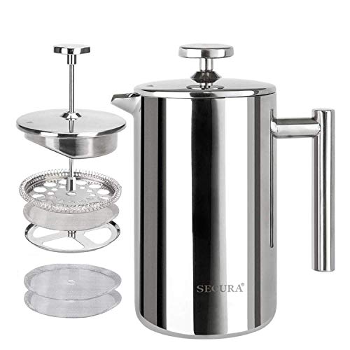Secura French Press Coffee Maker, 304 Grade Stainless Steel Insulated Coffee Press with 2 Extra...