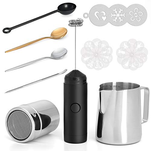 Milk Frother Handheld Latte Art Tools Set - Coffee Frother Electric Handheld, Milk Frother Pitcher,...