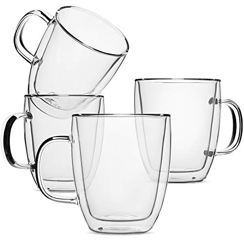 BTaT- Double Wall Glass Coffee Mugs, 16 oz, Set of 4, Double Glass Coffee Cups, Double Wall Coffee...