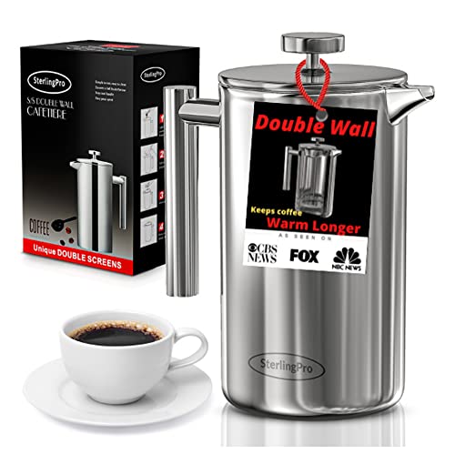 SterlingPro French Press Coffee Maker (1L)-Double Walled Large Coffee Press with 2 Free...