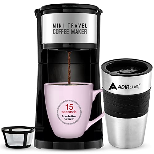 AdirChef Mini Travel Single Serve Coffee Maker & 15 oz. Travel Mug Coffee Tumbler & Reusable Filter...