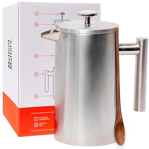 Barista Warrior French Press with Thermometer - Insulated Coffee Press - Stainless Steel French...