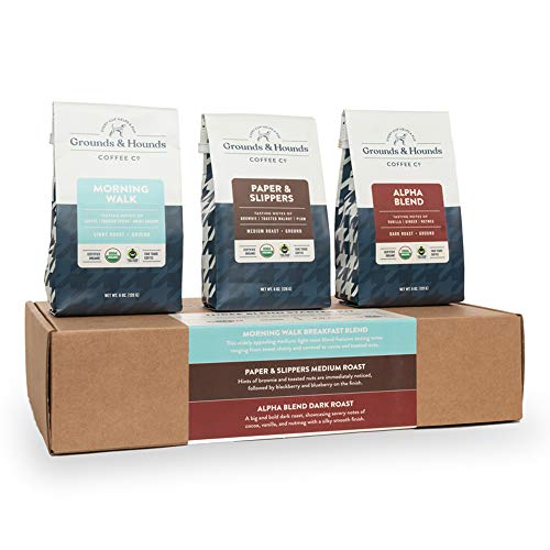 Grounds & Hounds Three Blend Starter Kit - Ground, 100% Organic Coffee Variety Pack, Bulk Ground...