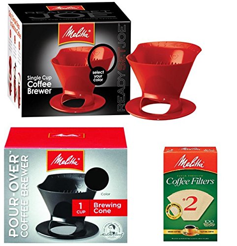 Melitta Ready Set Joe Single Cup Pour Over Coffee Brewer Maker – 1 Black & 1 Red + #2 Natural...