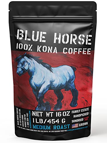Farm-fresh: 100% Kona Coffee - Medium Roast - Arabica Whole Beans - 1 Lb or 16 oz Bag - Blue Horse...