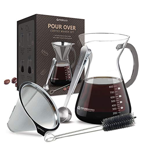 Housewares Solutions Pour Over Coffee Maker Set - 34 oz Glass Carafe, Stainless Steel Filter with...