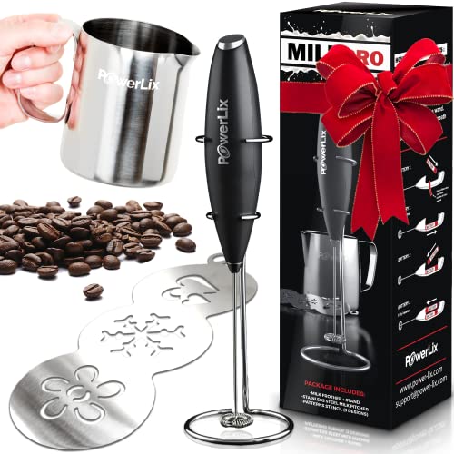 PowerLix Milk Frother With Stand Set Handheld Battery Operated Electric Foam Maker Frother Wand For...