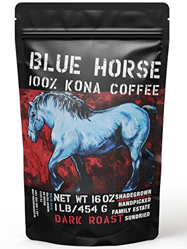 Farm-fresh: 100% Kona Coffee - Dark Roast - Arabica Whole Beans - 1 Lb or 16 oz Bag - Blue Horse...