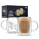 JoyJolt Aroma Disney Mickey and Pluto 13.5oz Glass Cups Set. 2 Insulated Double Wall Glass Coffee...