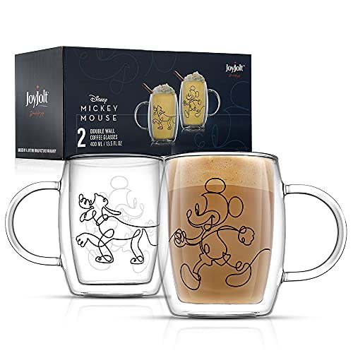 JoyJolt Aroma Disney Mickey and Pluto 13.5oz Glass Cups Set. 2 Insulated Double Wall Glass Coffee...