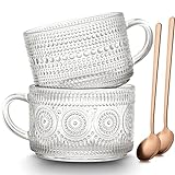 Mfacoy Vintage Coffee Mugs Set of 2, 14 oz Embossed Glass Cups with Handle, Clear Cups for...