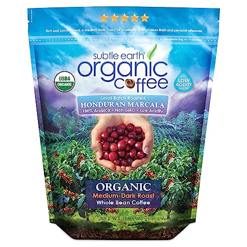 2LB Subtle Earth Organic Coffee - Medium-Dark Roast - Whole Bean Coffee - 100% Arabica Beans - Low...