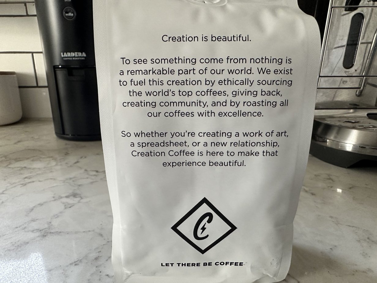 back of Creation Coffee packaging