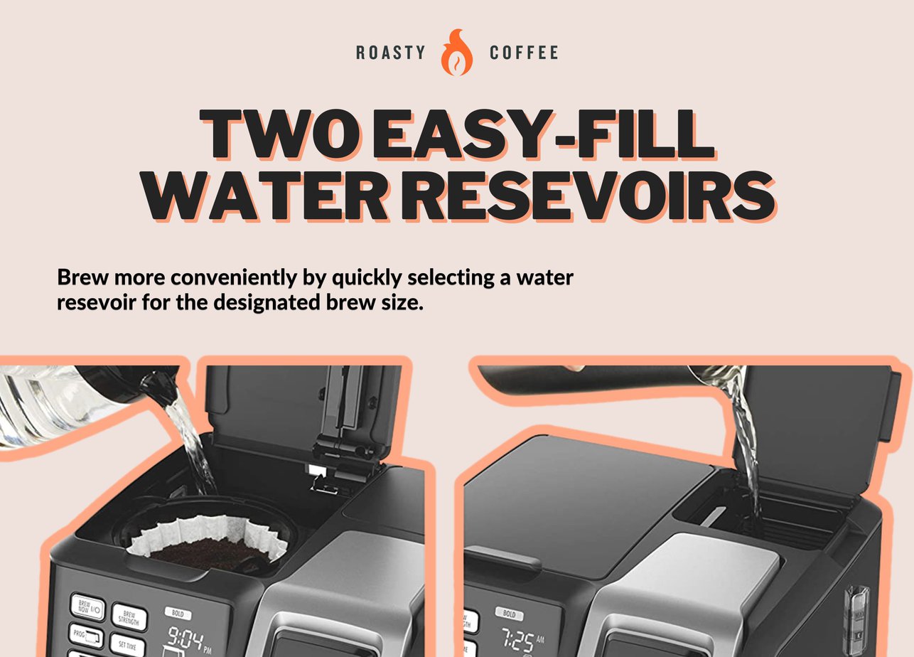 Brew more conveniently by quickly selecting a water resevoir for the designated brew size.