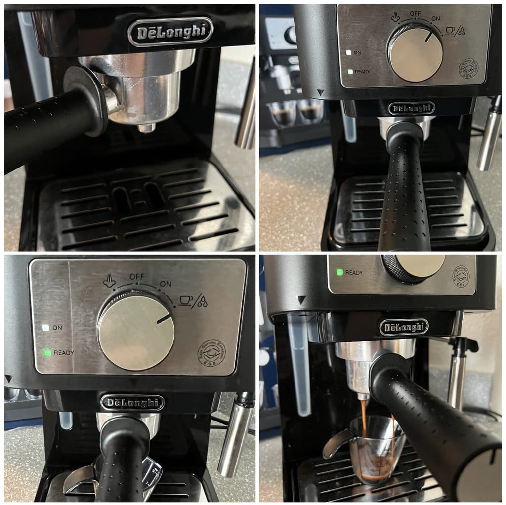 DeLonghi Stilosa Control panel and brewing coffee